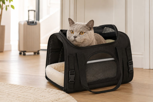 Chat gris installé dans un sac de transport souple noir, alternative au sac de transport Trixie pour chat