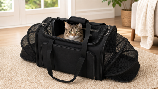 sac de transport pour chat avec un chat installé dans le sac