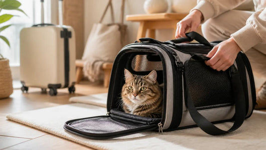 Chat calme dans un sac de transport a?r? ? la maison