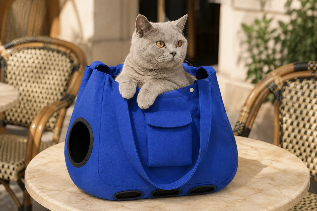 Chat British Shorthair gris assis dans un sac de transport souple pour chat en toile bleu roi, tete et pattes avant sorties par le dessus, sac pose sur une table de bistrot en marbre a la terrasse ensoleillee d un cafe