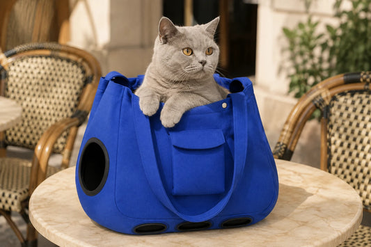 Chat British Shorthair gris assis dans un sac de transport souple pour chat en toile bleu roi, tete et pattes avant sorties par le dessus, sac pose sur une table de bistrot en marbre a la terrasse ensoleillee d un cafe
