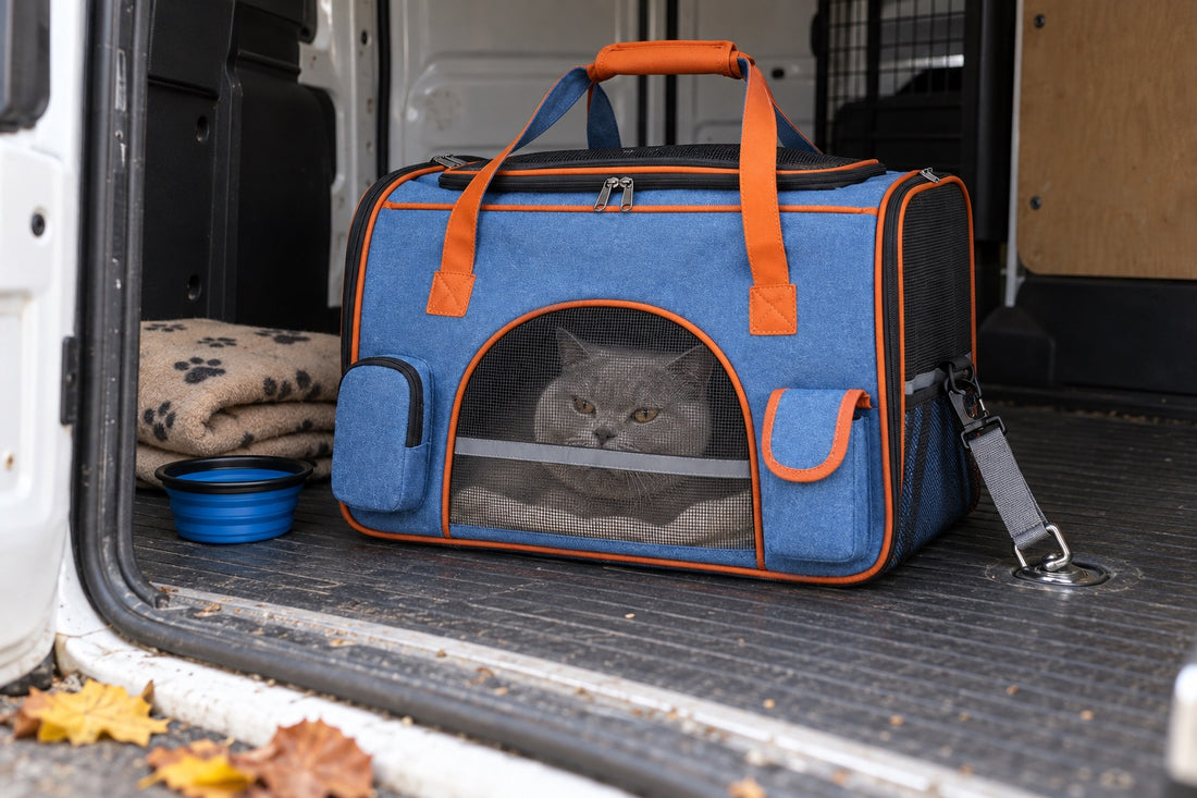 Chat British Shorthair gris couché dans un sac de transport bleu à passepoils orange, posé et sanglé sur le plancher d’un utilitaire de taxi animalier, porte latérale ouverte sur un trottoir d’automne