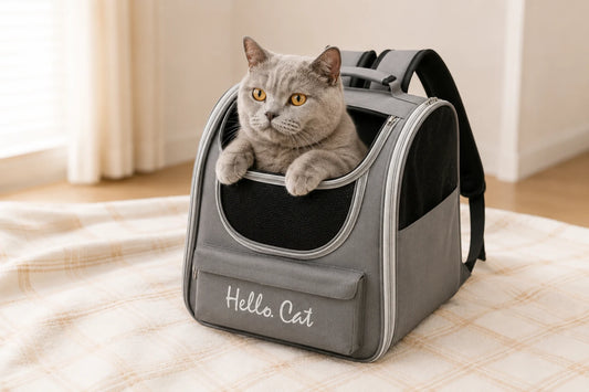 Chat British Shorthair gris installé dans un sac de transport pour chaton, tête et pattes dépassant de l'ouverture