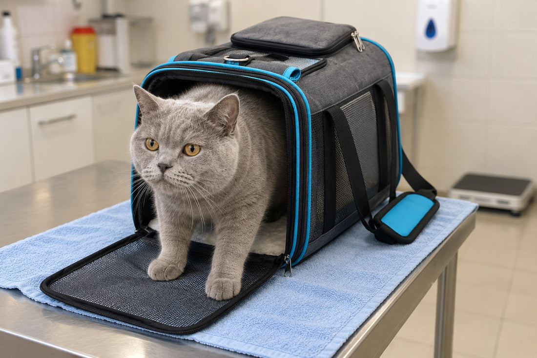 Chat British Shorthair gris sortant d’un sac de transport gris anthracite à passepoils bleus, porte en maille rabattue, sur la table d’examen en inox d’un cabinet vétérinaire couverte d’une serviette bleue