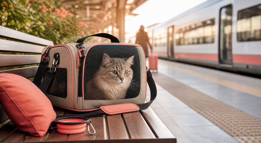 Chat calme dans un sac de transport sur un quai de train