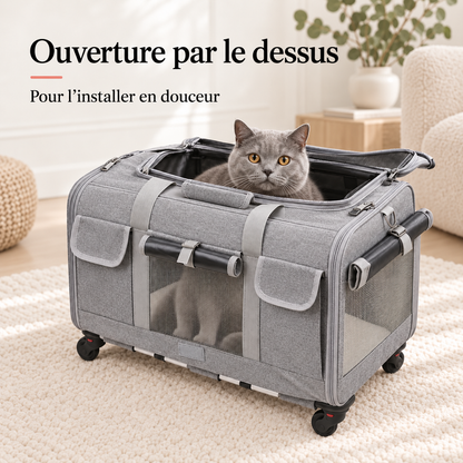 Ouverture par le dessus - Valise de transport à roulettes pour chat