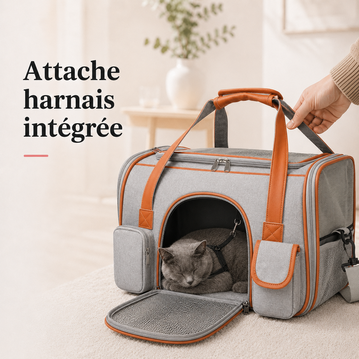 Attache harnais integree - Sac de transport confort pour chat