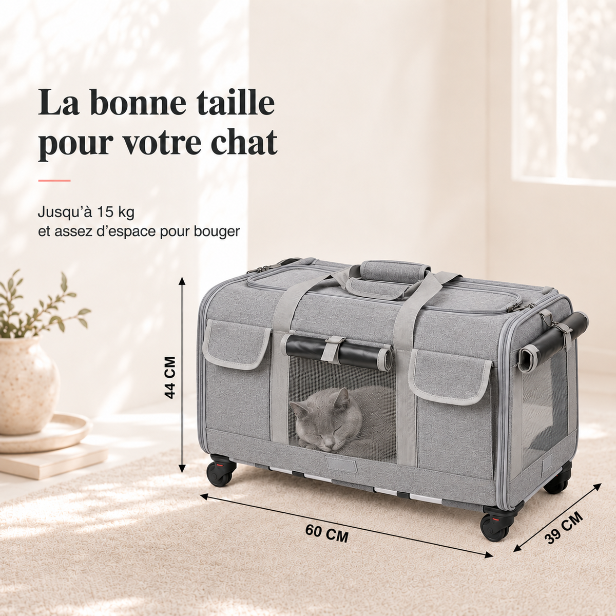 Dimensions de la Valise de transport à roulettes pour chat - 60 x 39 x 44 cm