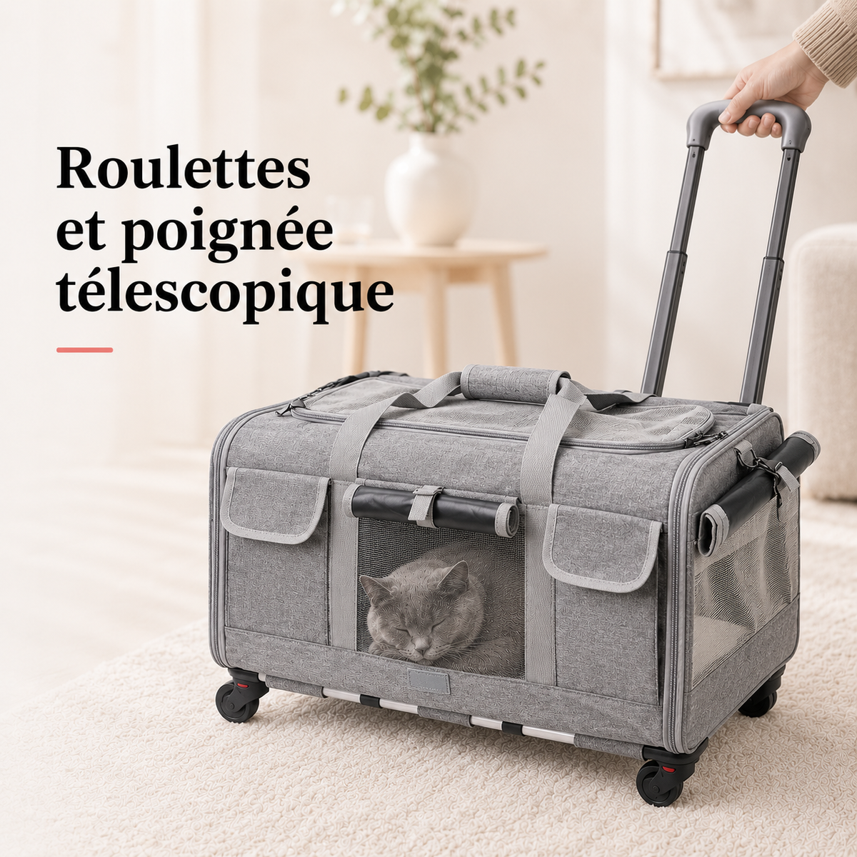 Roulettes et poignée télescopique - Valise de transport à roulettes pour chat