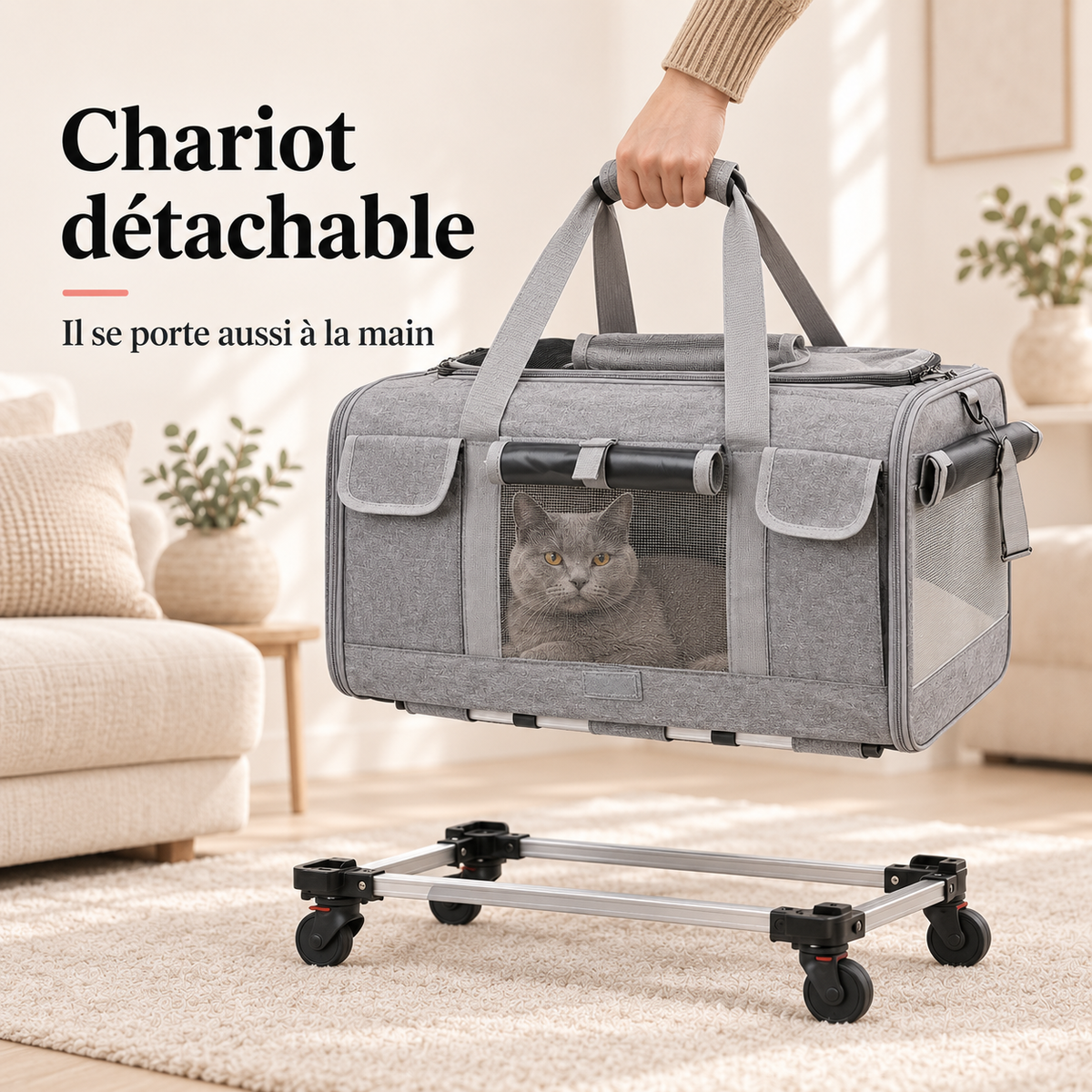 Chariot détachable - Valise de transport à roulettes pour chat