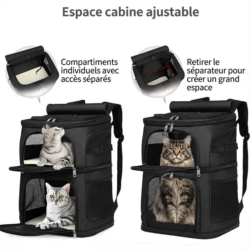 Sac de transport pour 2 chats Espace robuste - Noir - fermeture et ventilation