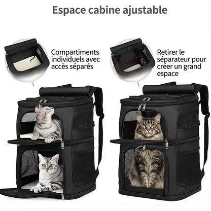 Sac de transport pour 2 chats Espace robuste - Noir - fermeture et ventilation