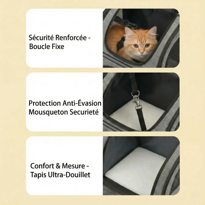 Sac à dos extensible confort pour chat - fermeture et ventilation