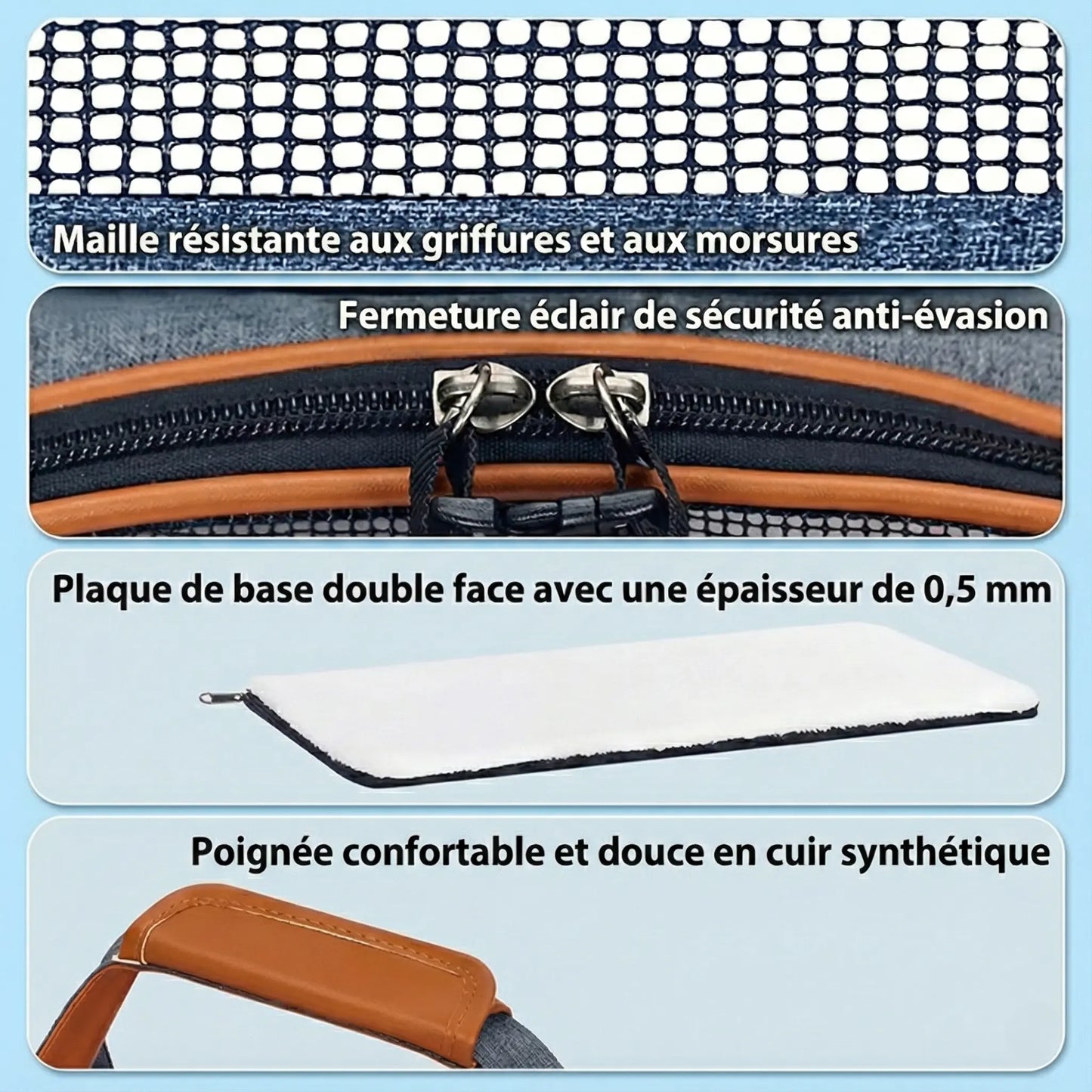 Sac transport avion chat ventilé - Bleu - dimensions et portage