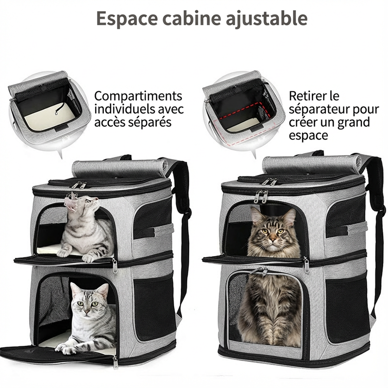 Sac de transport pour 2 chats grand volume - Gris - fermeture et ventilation