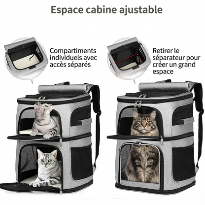 Sac de transport pour 2 chats grand volume - Gris - fermeture et ventilation