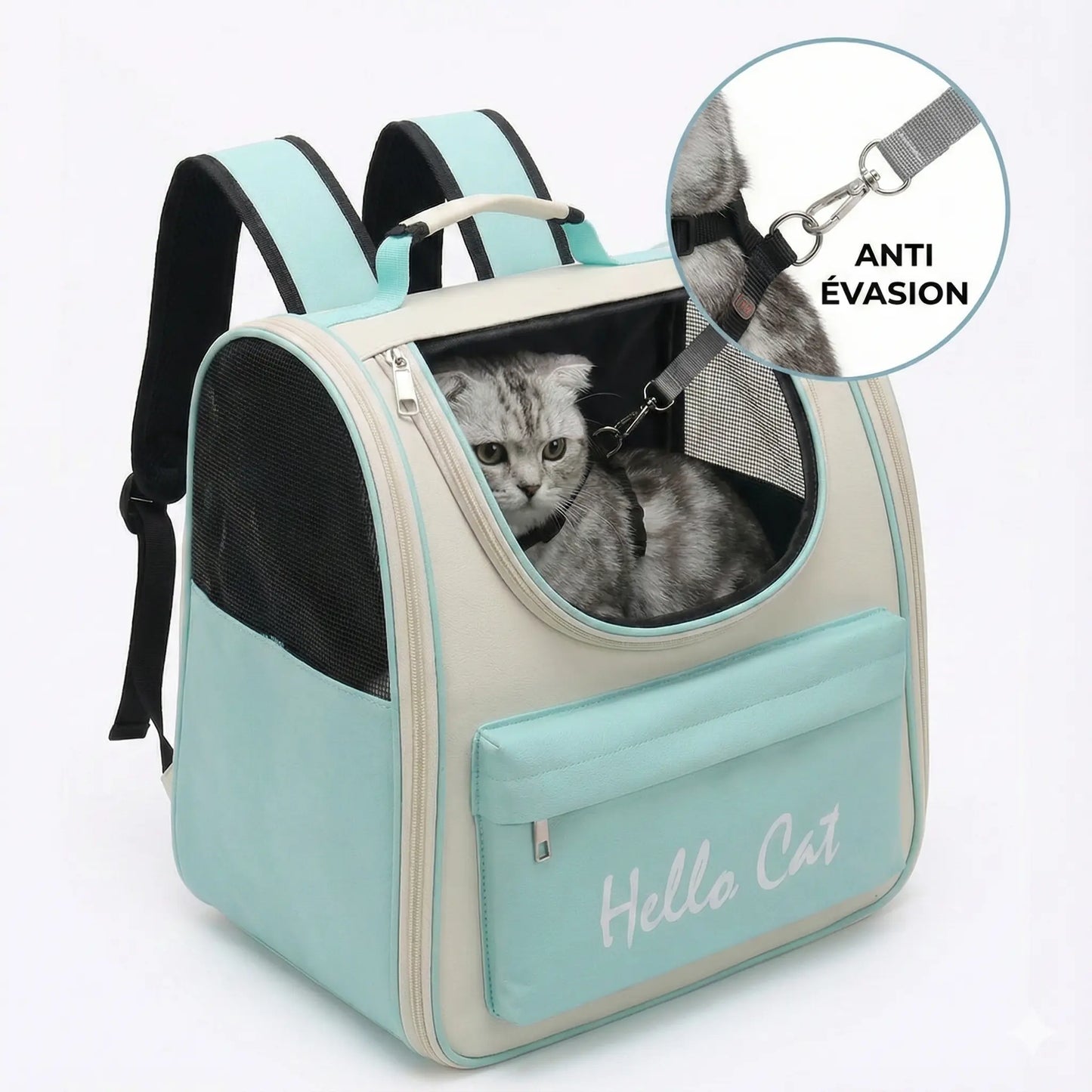Sac à dos zippé respirant pour chat - interieur et acces