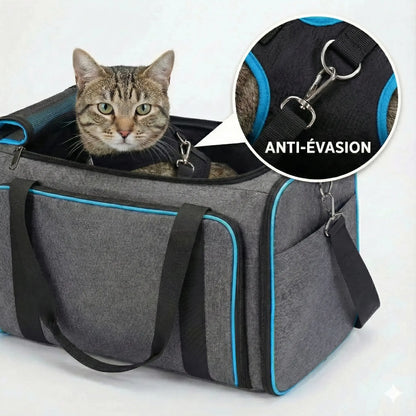 Sac de transport souple bleu pour chat - fermeture et ventilation