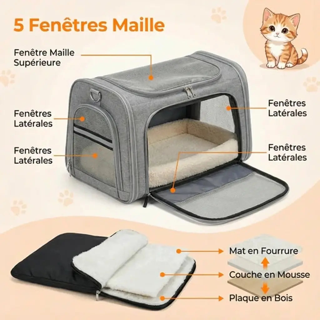 Sac de voyage  XXL zippé pour chat - fermeture et ventilation