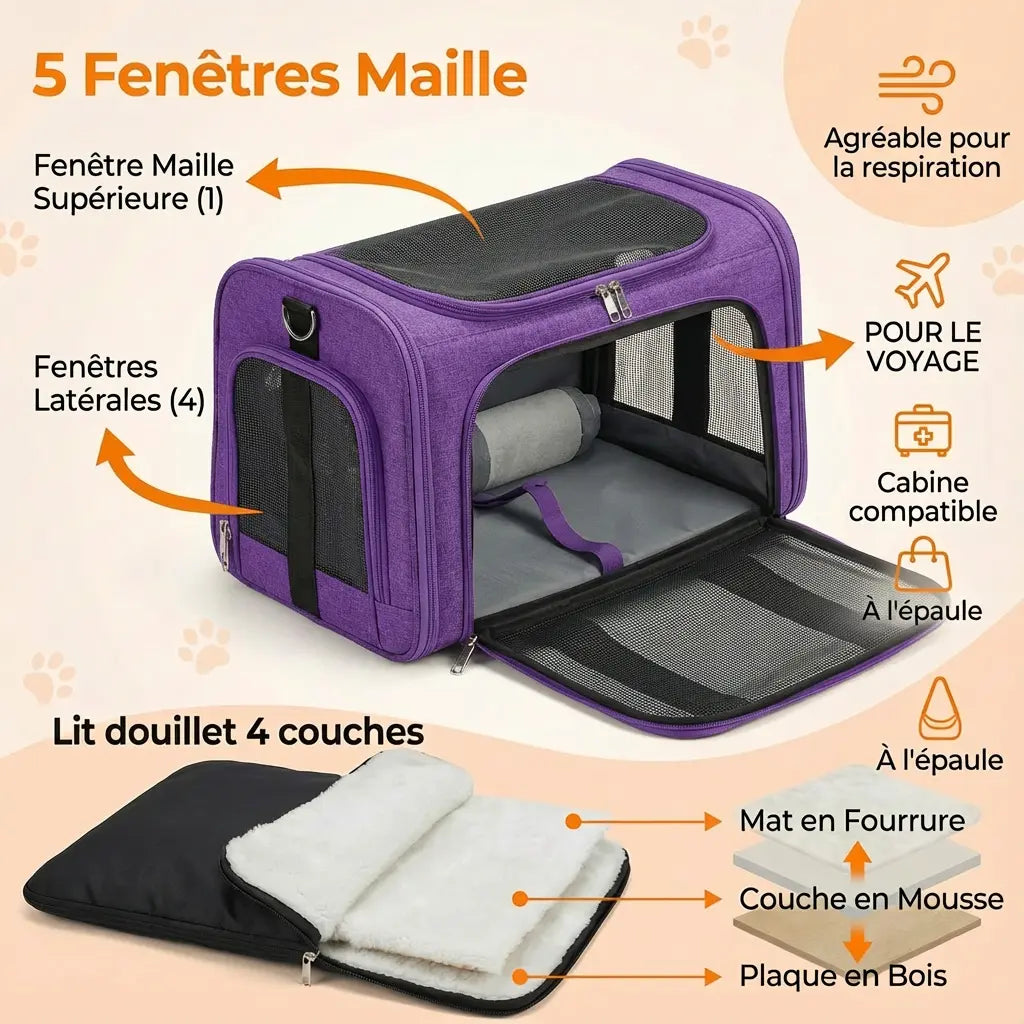 Sac de voyage  XXL en coton pour chat - fermeture et ventilation