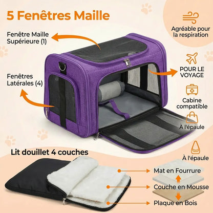 Sac de voyage  XXL en coton pour chat - fermeture et ventilation