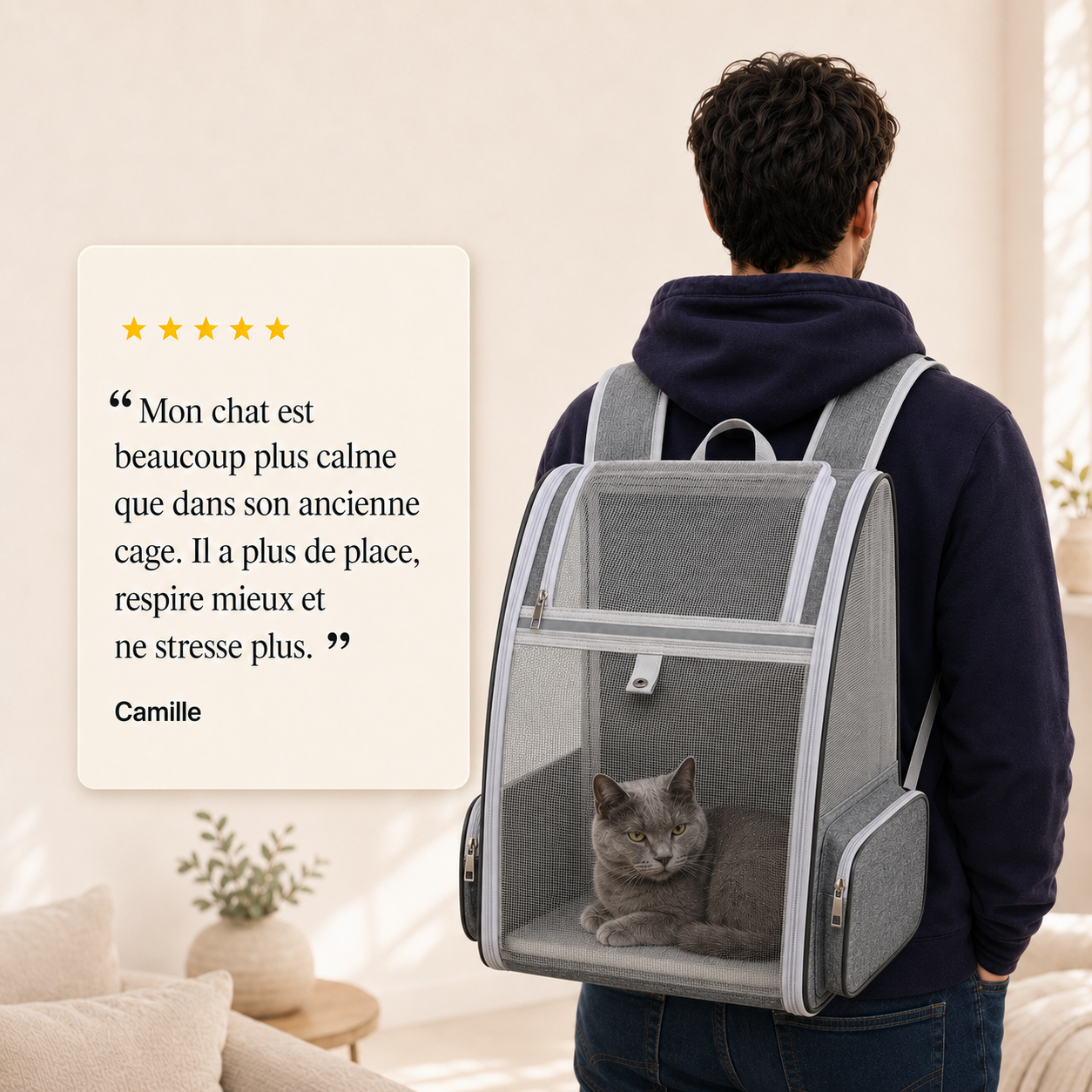 Avis client 5 etoiles - Sac � dos compact robuste pour chat