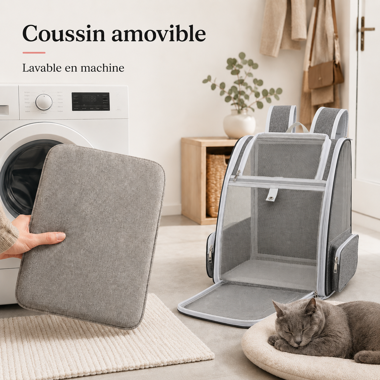 Coussin amovible lavable en machine - Sac � dos compact robuste pour chat