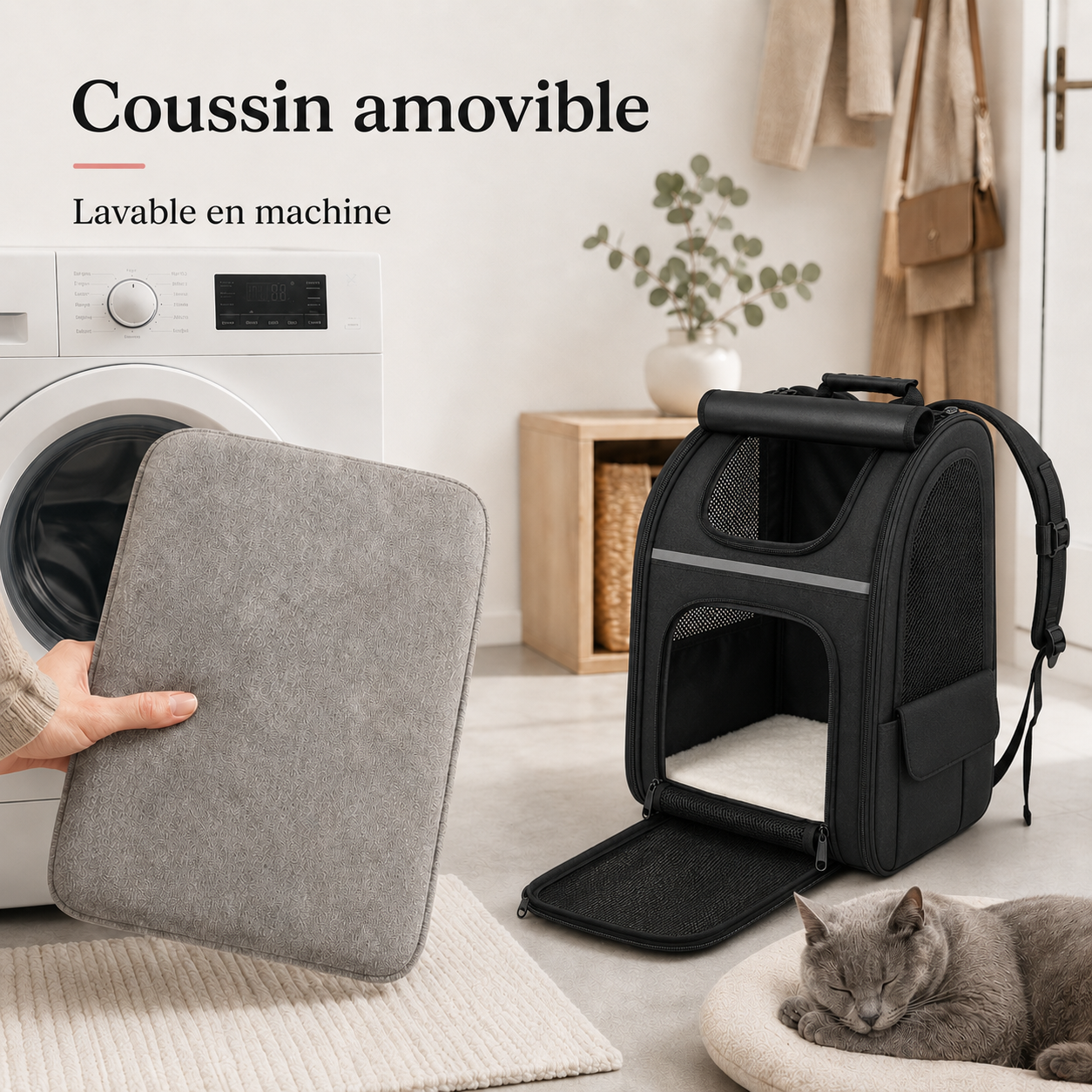 Coussin amovible lavable en machine - Sac � dos extensible spacieux pour chat