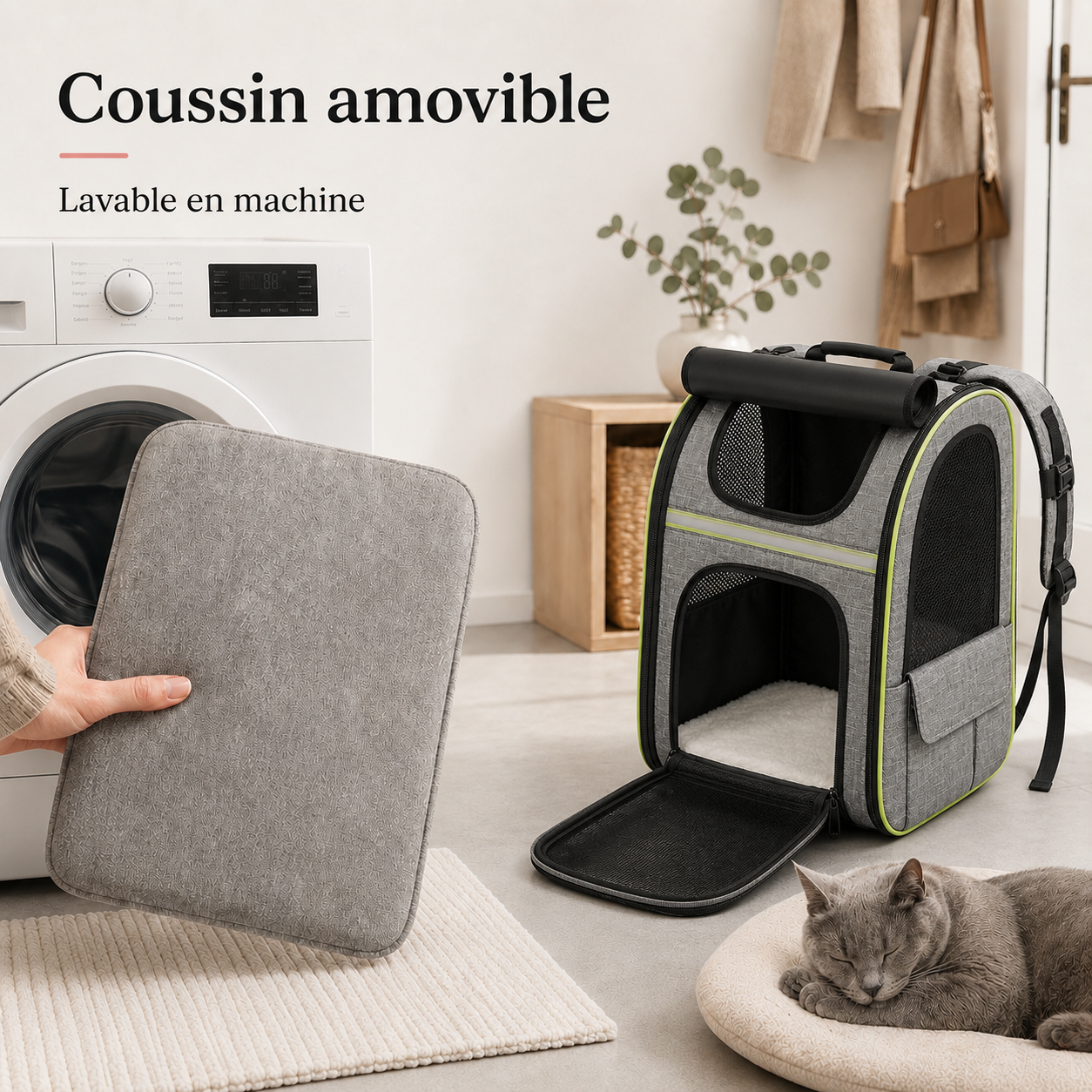 Coussin amovible lavable en machine - Sac � dos extensible zipp� pour chat
