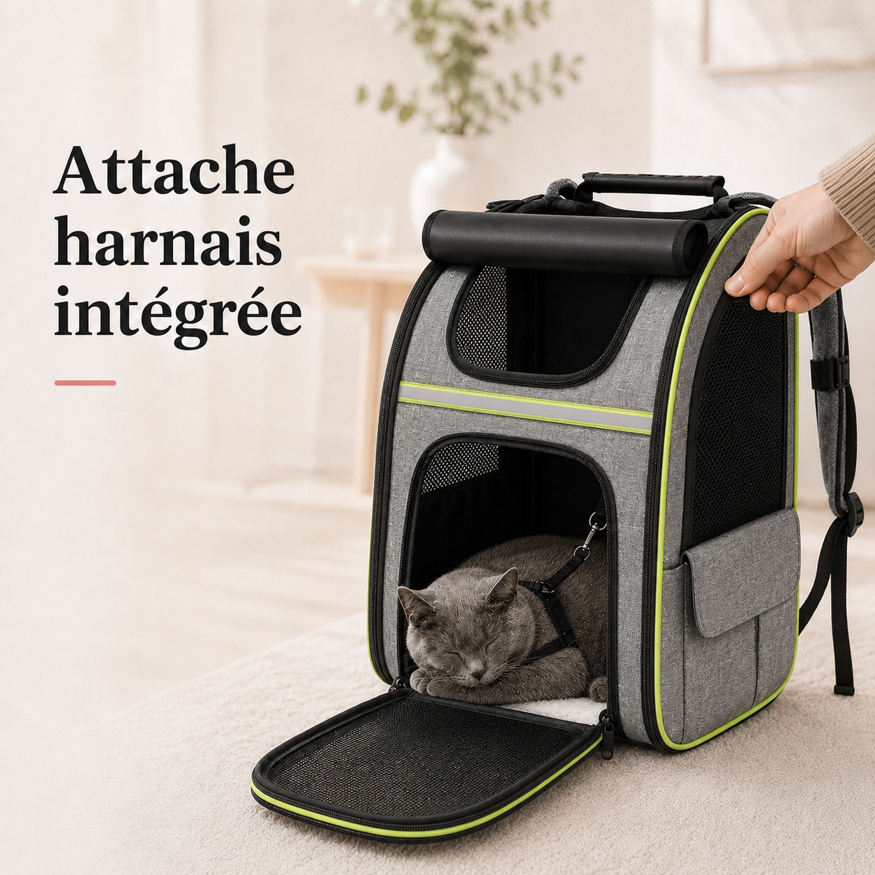 Attache harnais integree - Sac � dos extensible zipp� pour chat