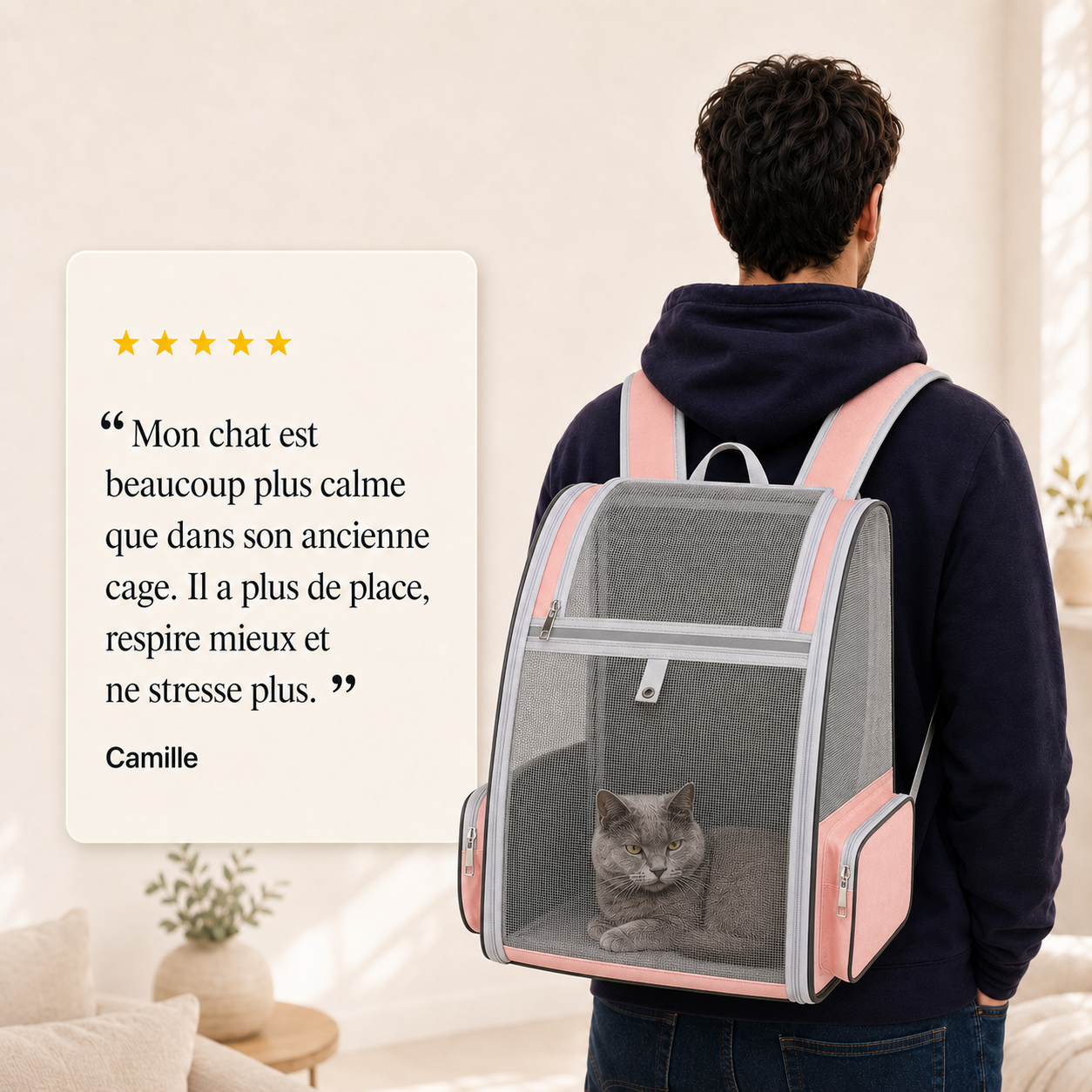 Avis client 5 etoiles - Sac � dos pliable a�r� pour chat