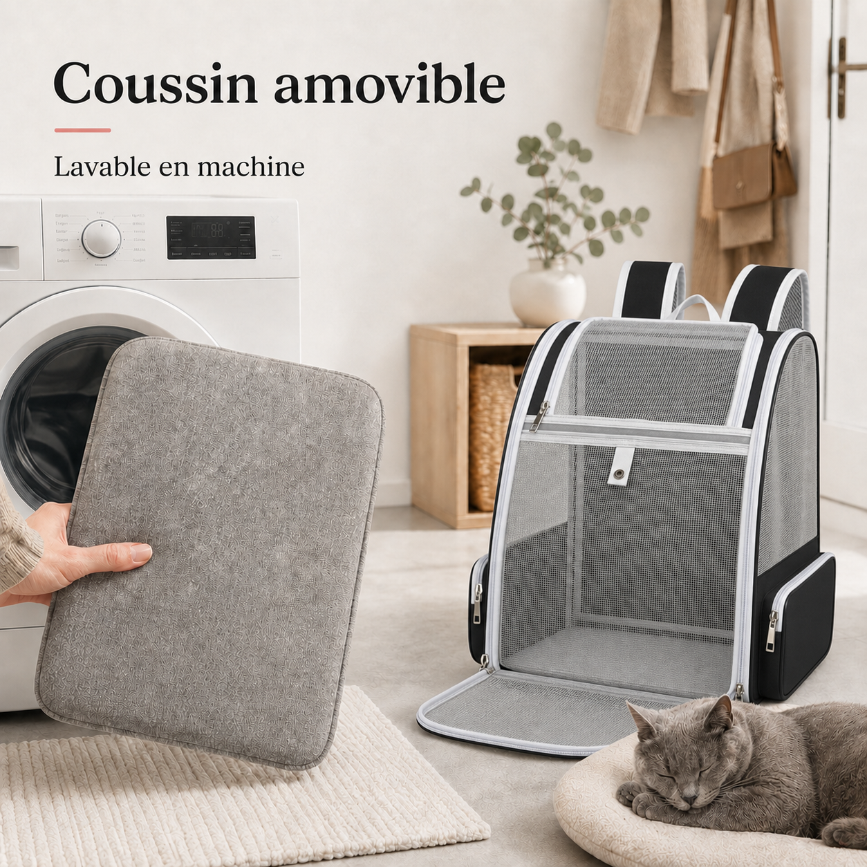 Coussin amovible lavable en machine - Sac � dos pliable ventil� pour chat