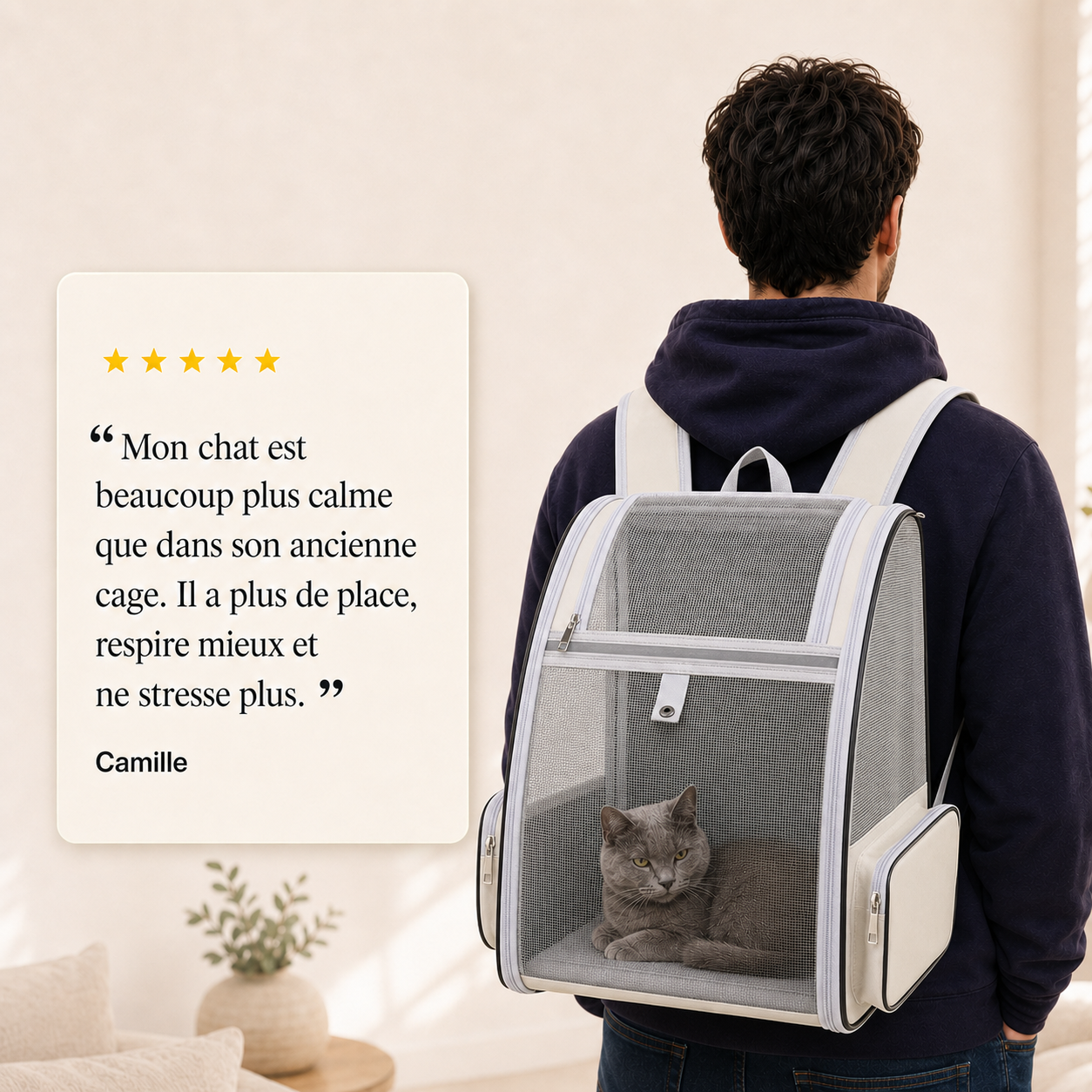 Avis client 5 etoiles - Sac � dos pliable zipp� pour chat