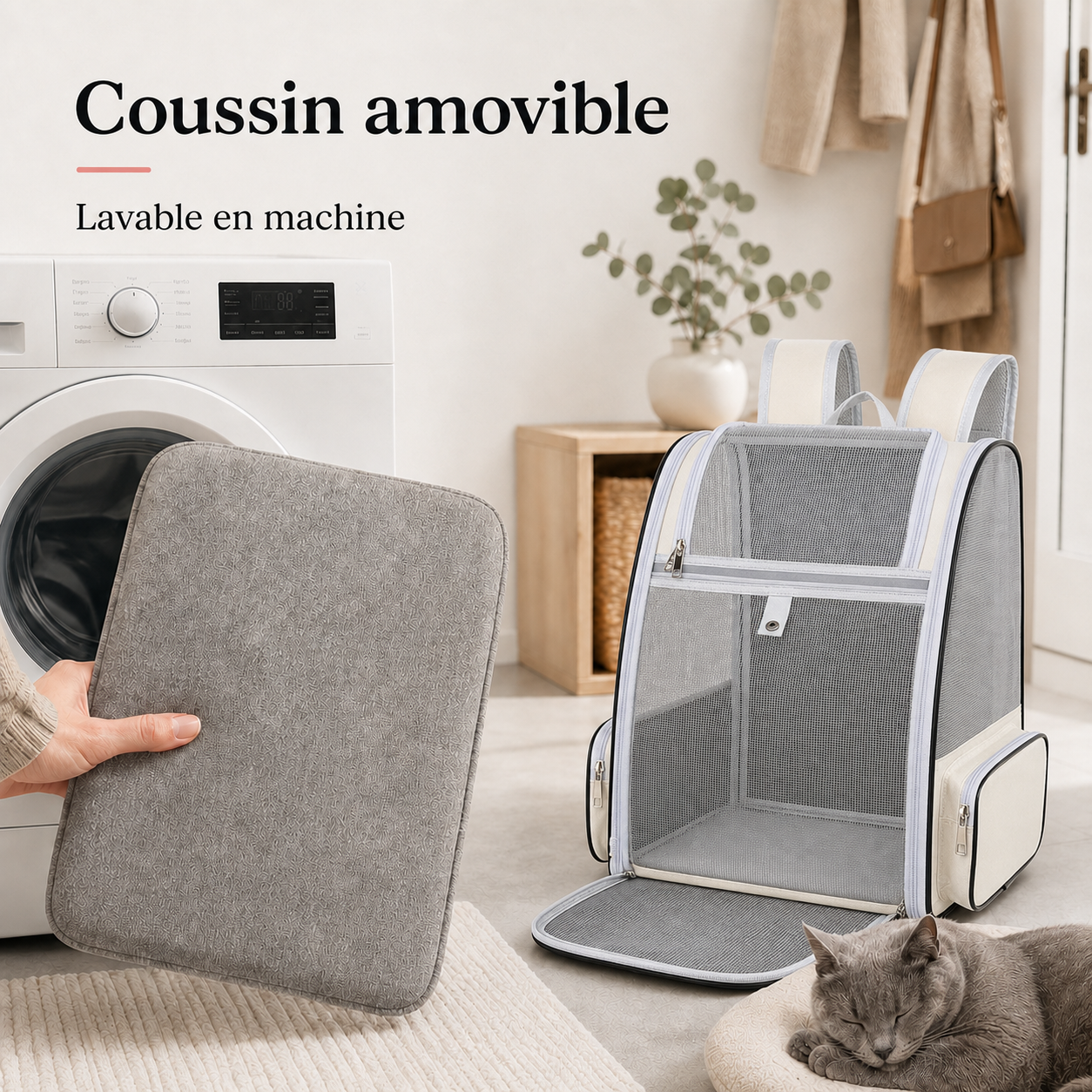 Coussin amovible lavable en machine - Sac � dos pliable zipp� pour chat