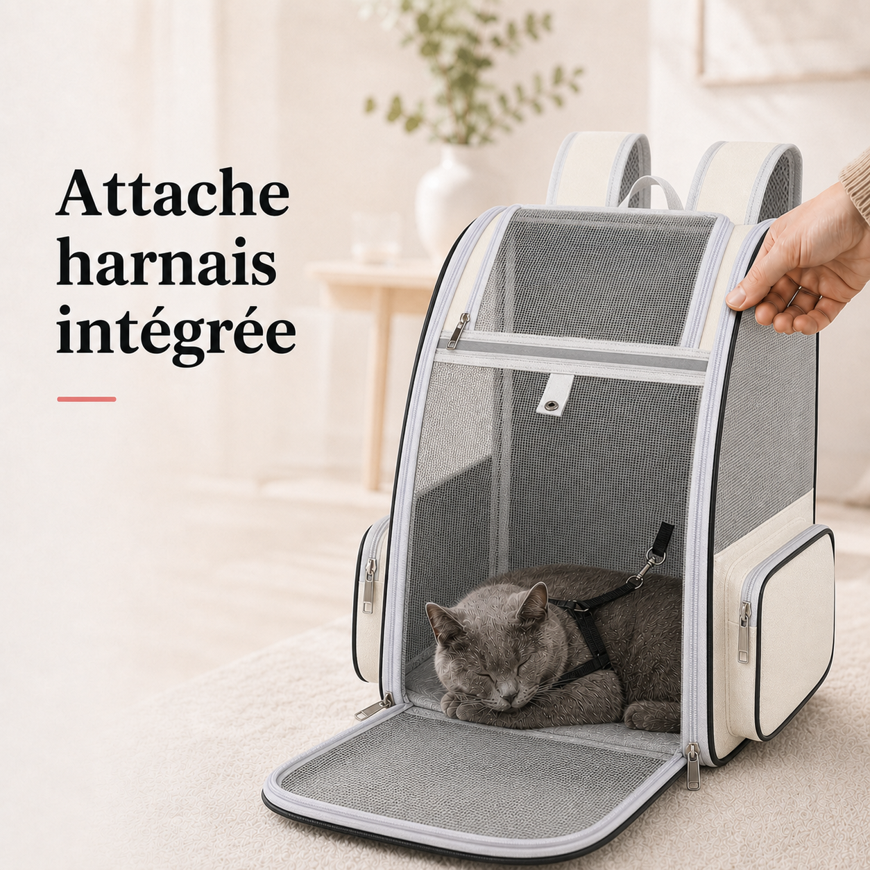 Attache harnais integree - Sac � dos pliable zipp� pour chat