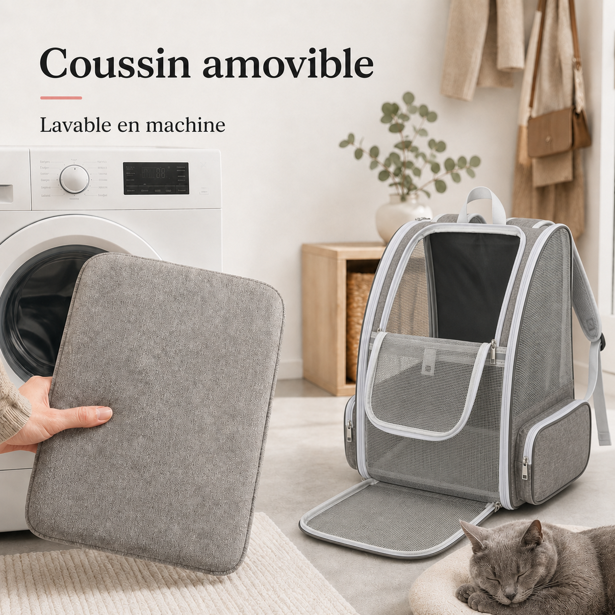 Coussin amovible lavable en machine - Sac � dos pliable zipp� pour chat adulte