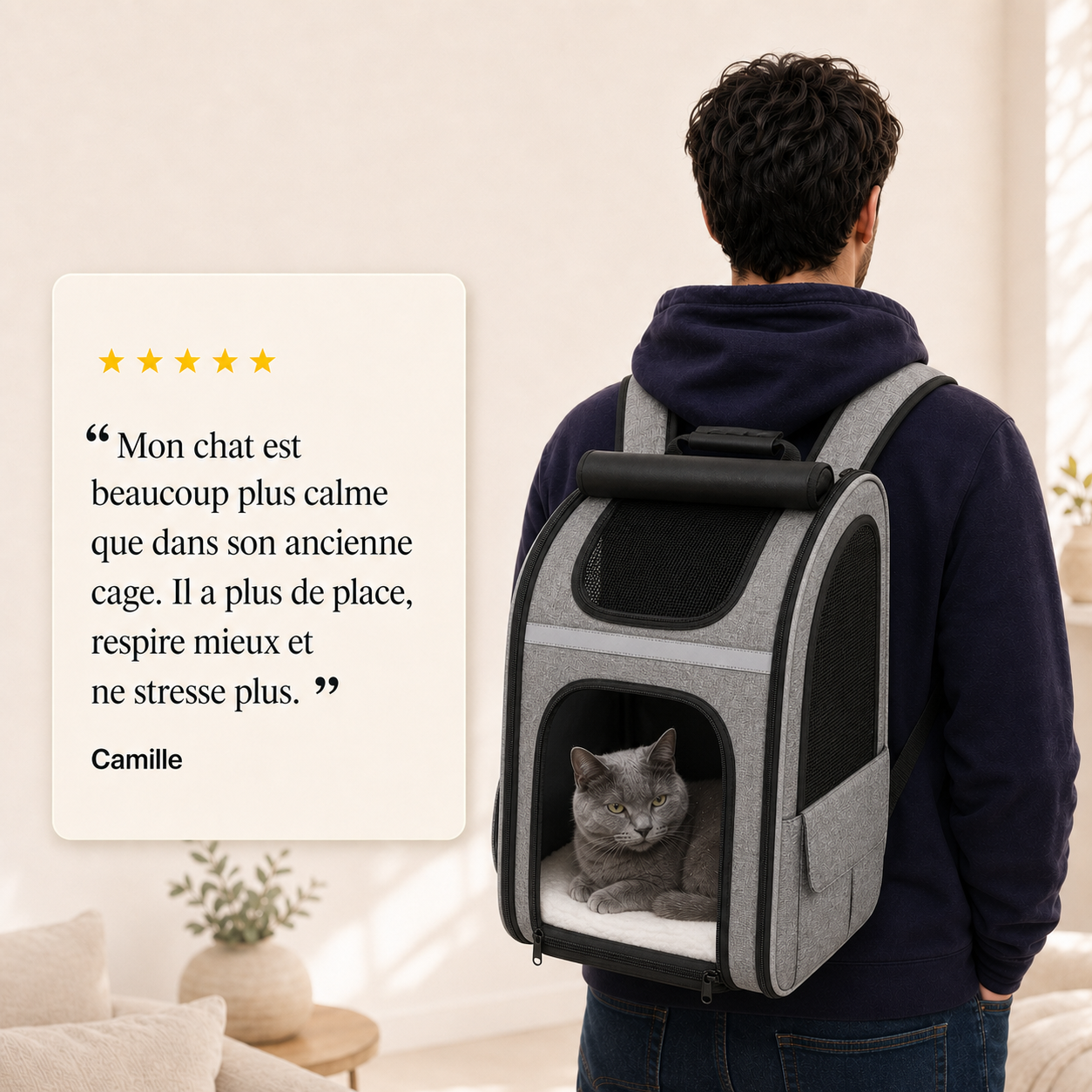 Avis client 5 etoiles - Sac � dos pour chat adulte � fermeture - Gris