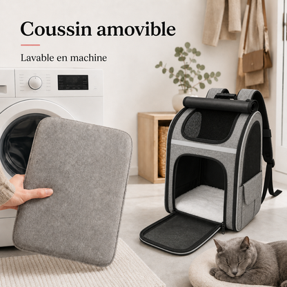 Coussin amovible lavable en machine - Sac � dos pour chat adulte � fermeture - Gris