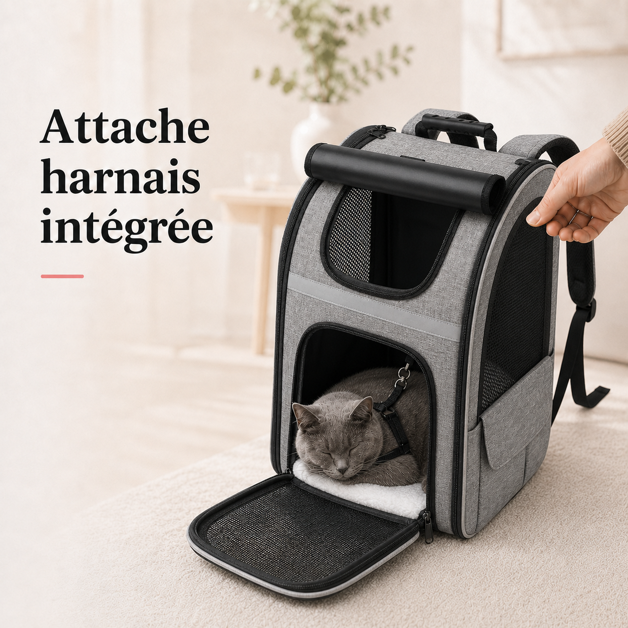 Attache harnais integree - Sac � dos pour chat adulte � fermeture - Gris