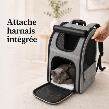 Attache harnais integree - Sac � dos pour chat adulte � fermeture - Gris