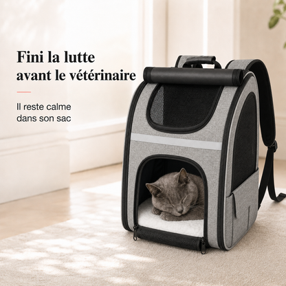 Fini la lutte avant le veterinaire - Sac � dos pour chat adulte � fermeture - Gris