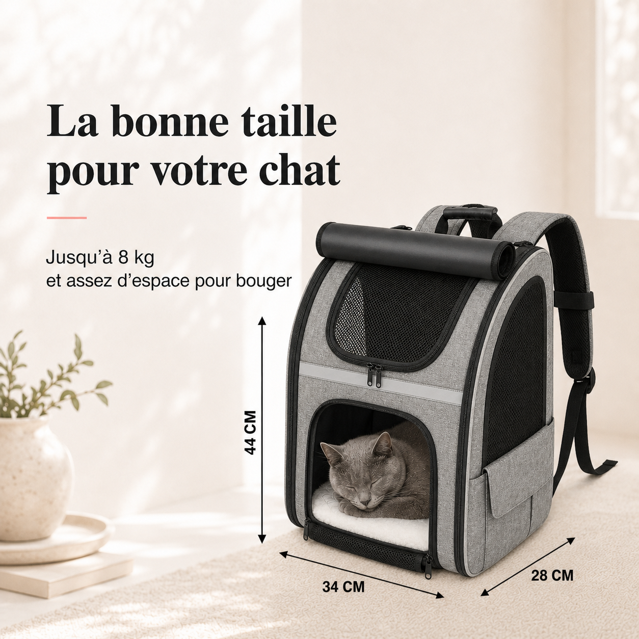 Dimensions et taille adaptee a votre chat - Sac � dos pour chat adulte � fermeture - Gris