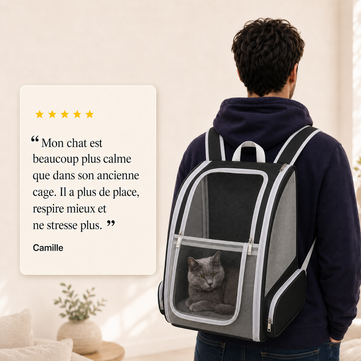 Avis client 5 etoiles - Sac � dos pour chat adulte zipp� - Noir