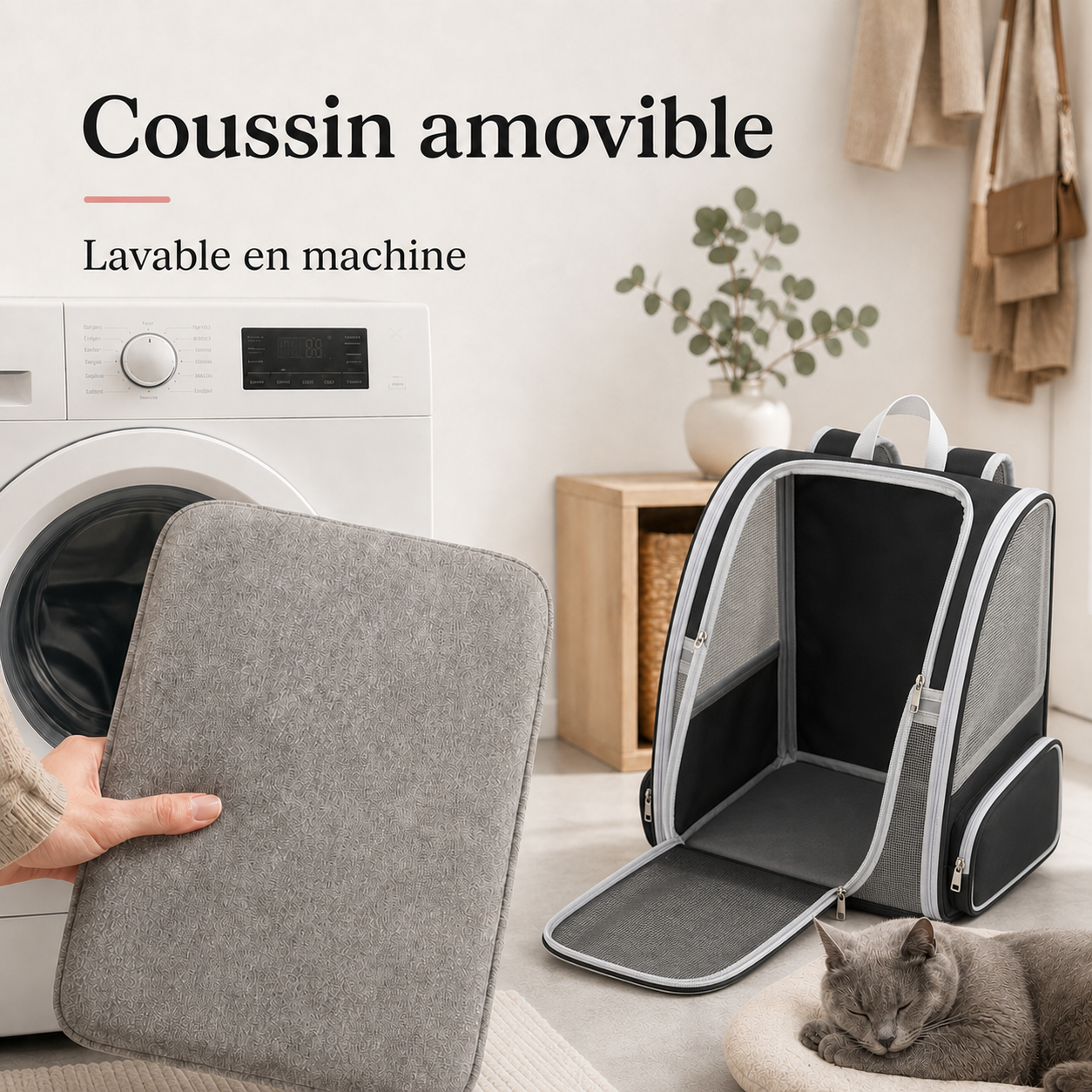 Coussin amovible lavable en machine - Sac � dos pour chat adulte zipp� - Noir