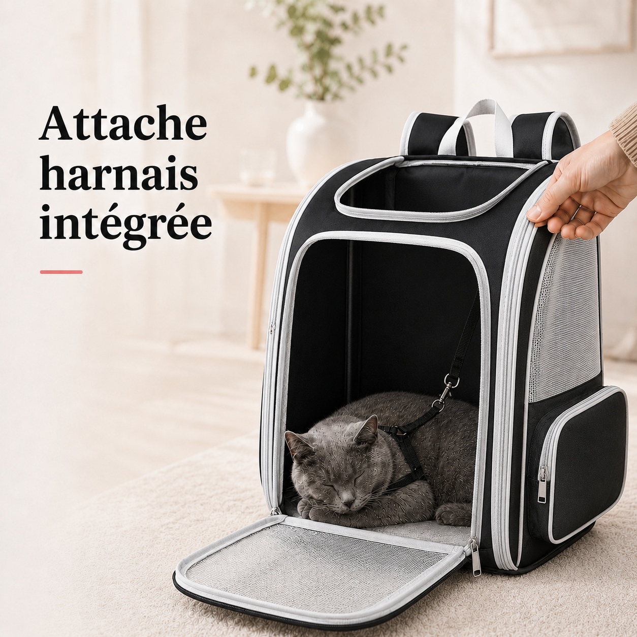 Attache harnais integree - Sac � dos pour chat adulte zipp� - Noir