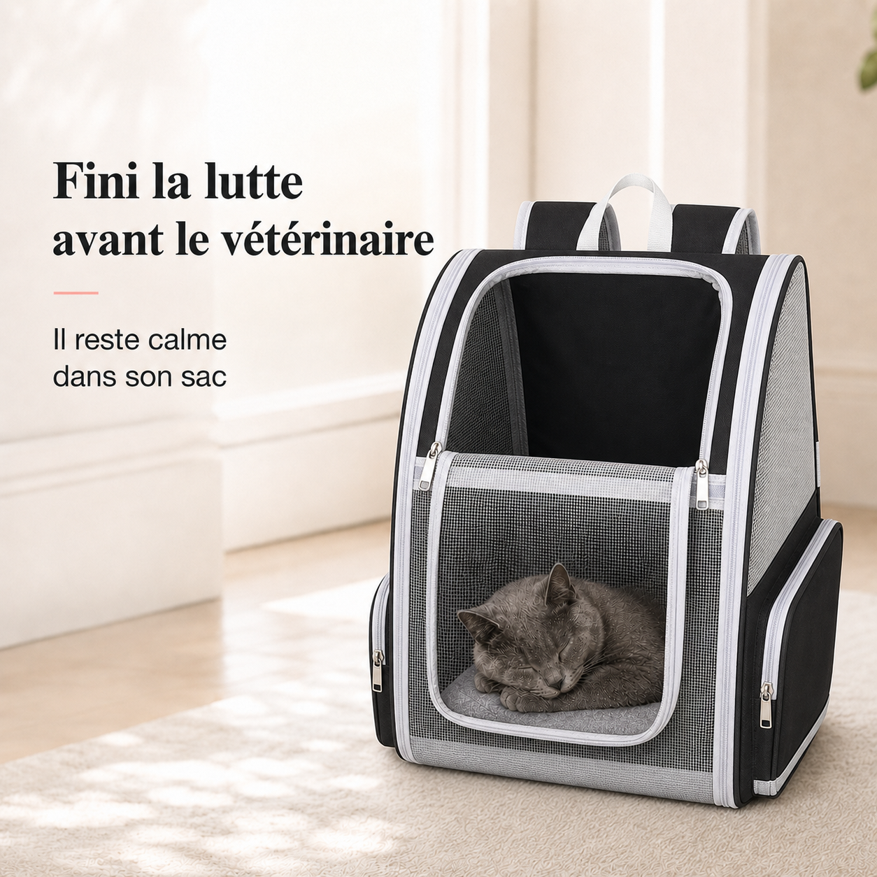 Fini la lutte avant le veterinaire - Sac � dos pour chat adulte zipp� - Noir