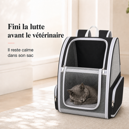Fini la lutte avant le veterinaire - Sac � dos pour chat adulte zipp� - Noir