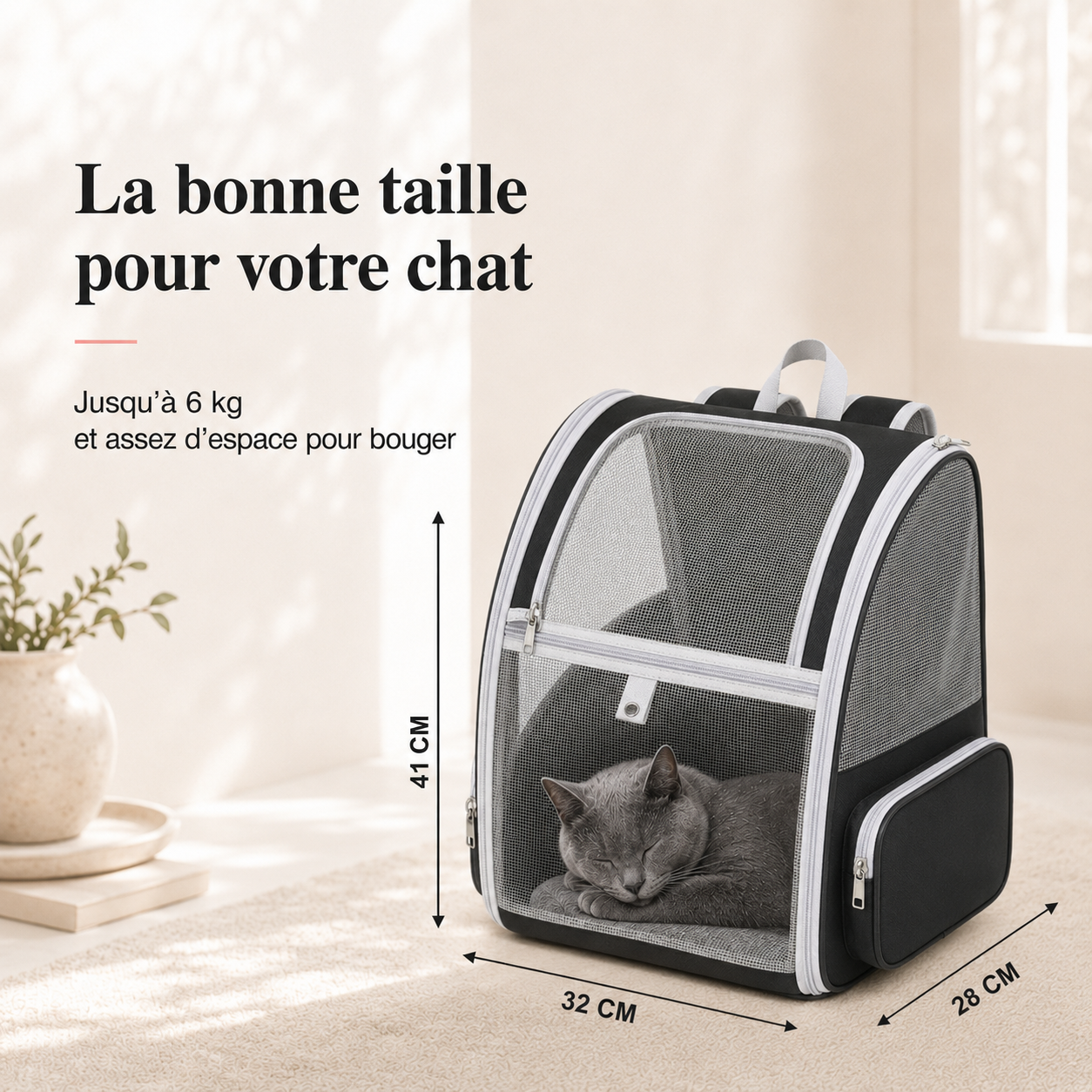 Dimensions et taille adaptee a votre chat - Sac � dos pour chat adulte zipp� - Noir