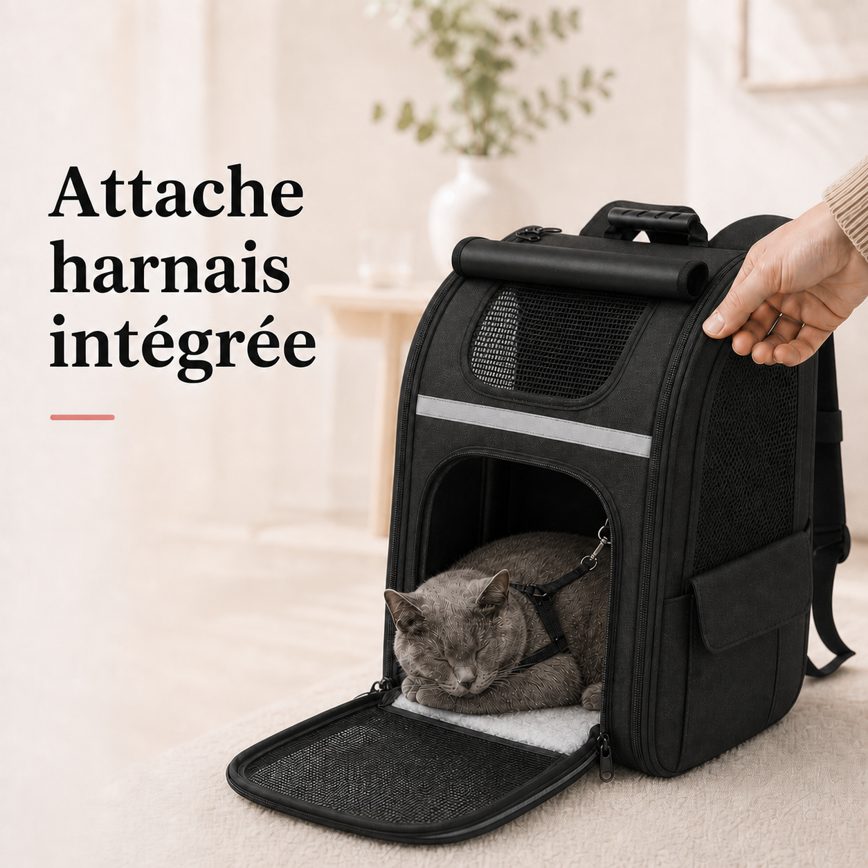 Attache harnais integree - Sac � dos respirant pour chat adulte