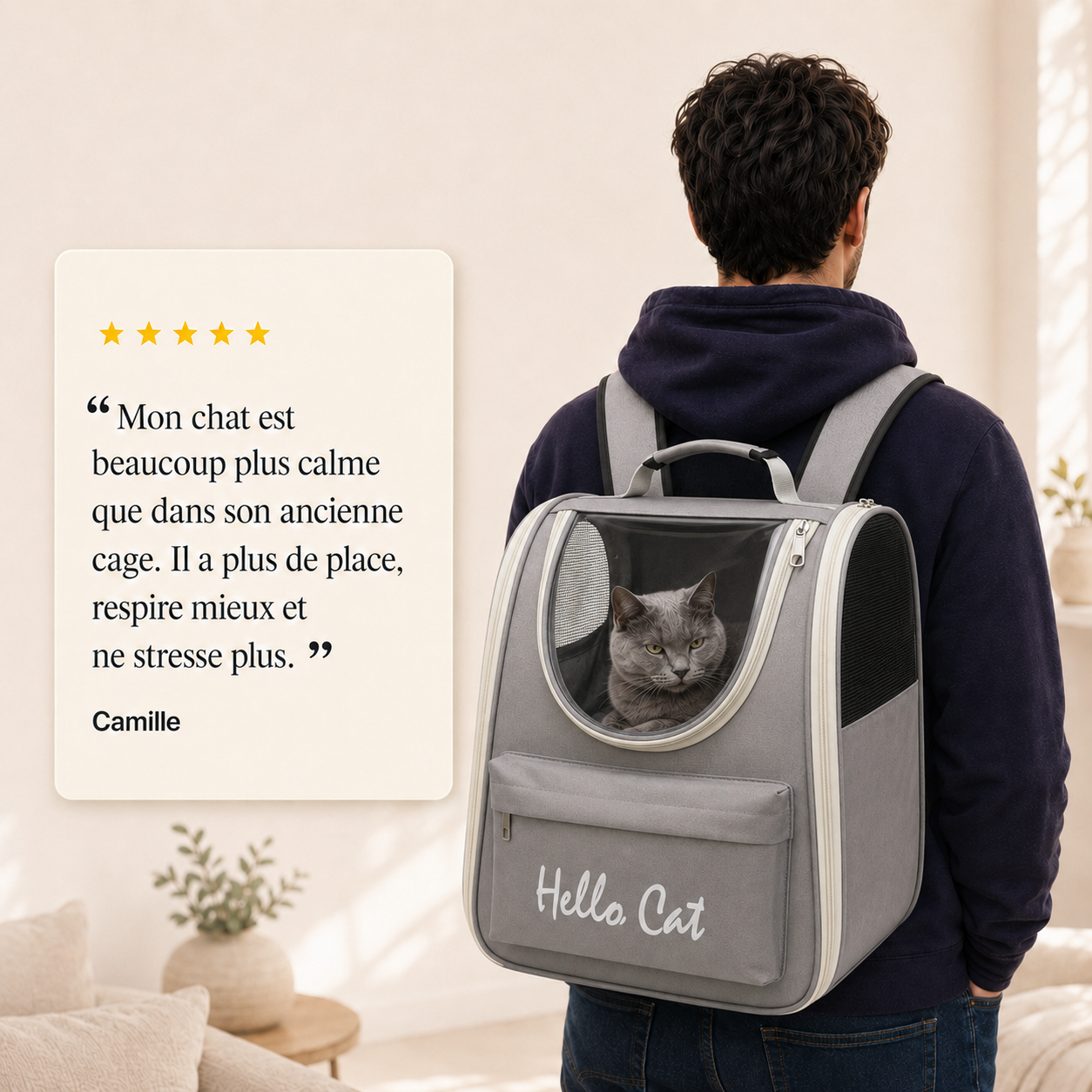 Avis client 5 etoiles - Sac � dos vision a�r� pour chat